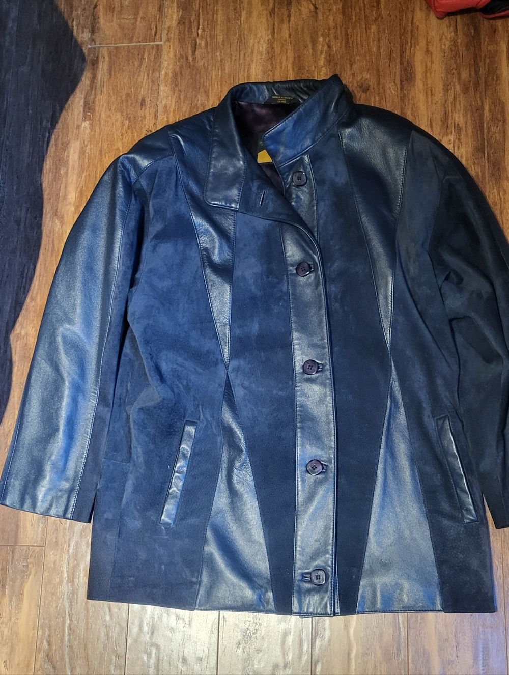 Vintage Woman's Navy Leather & Suede Panel Jacket Size 8